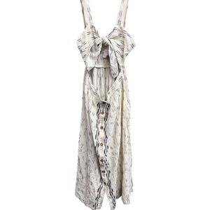 Free People Ivory Ikat Stripe Smocked Midi Dress NWT Tie Front Size L